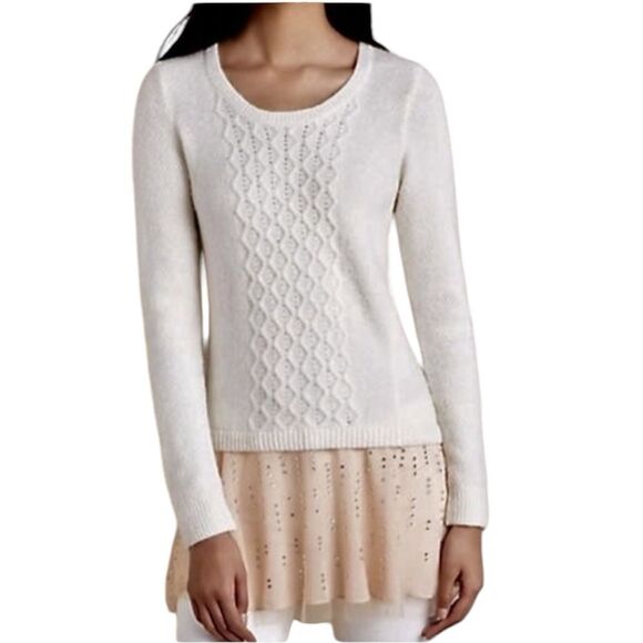 Anthropologie Ivory Cable-Knit Sweater w/ Rhinestone Peach Tulle – Size XS - Picture 1 of 16